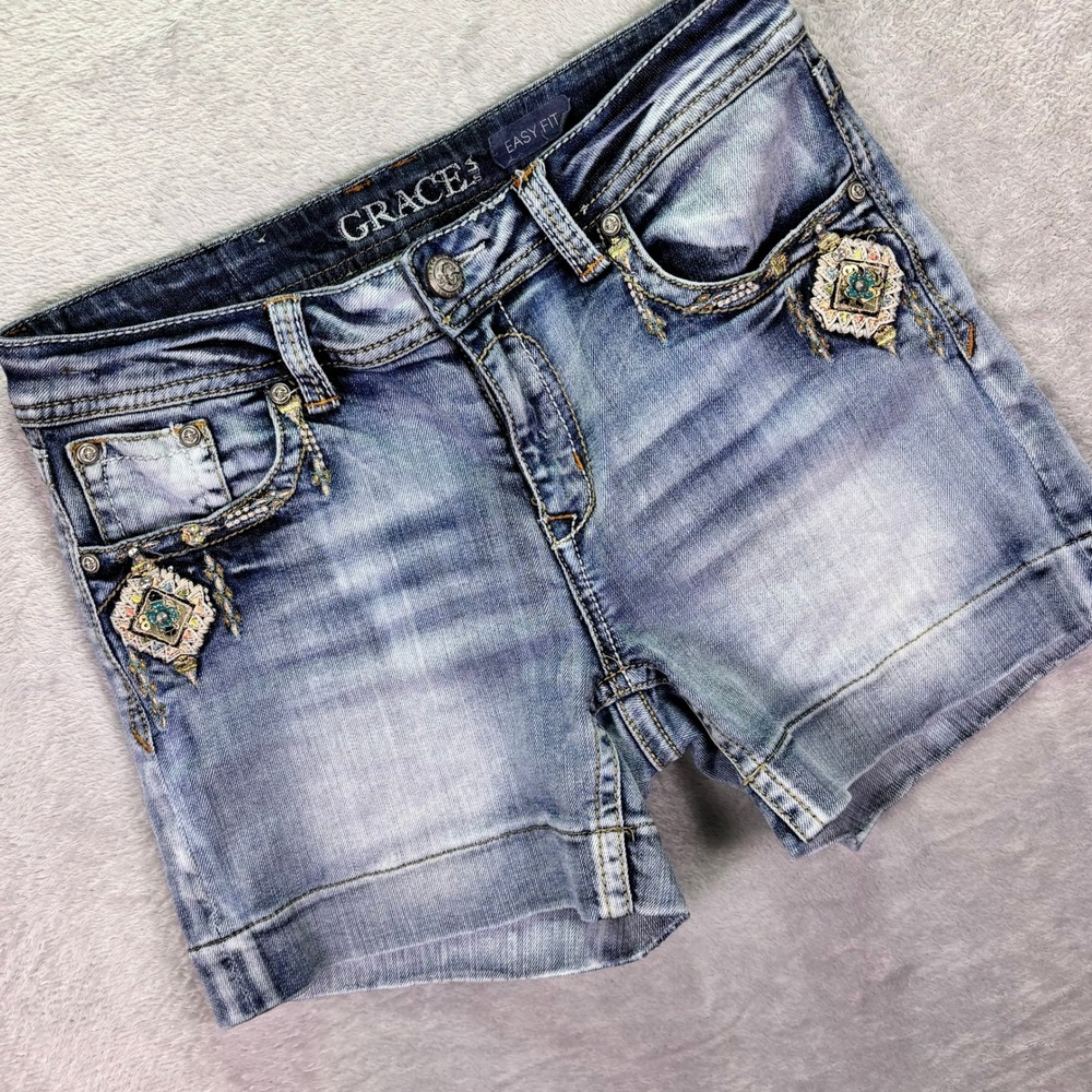 Grace in LA Women Denim Shorts Sz 29 Blue Embroidered Sequin Easy Fit Y2K